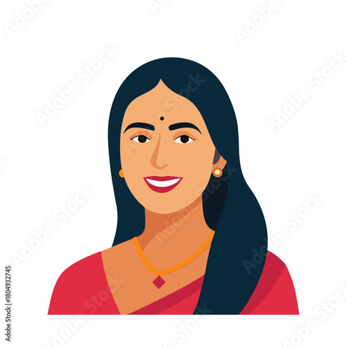Stylized flat illustration of a smiling indian woman wearing a saree silhouette isolated on white background