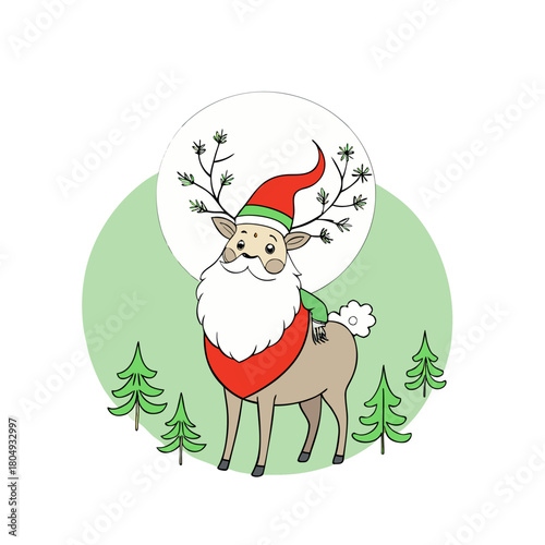 Whimsical christmas reindeer character dressed as santa claus with festive antlers silhouette isolated on white background
