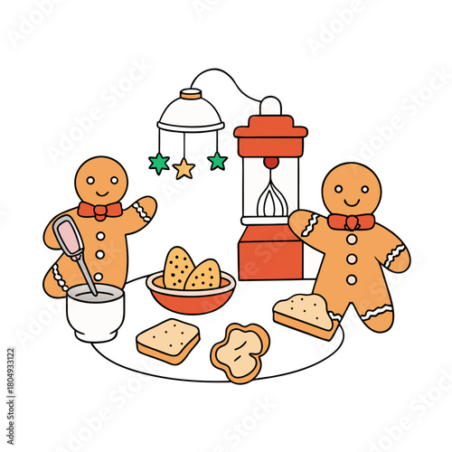 Two gingerbread men decorating cookies with frosting and sprinkles isolated on white background silhouette