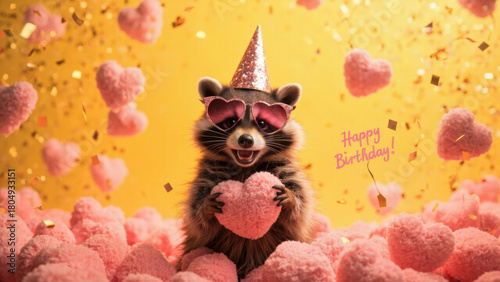 Wallpaper Mural Happy birthday raccoon with heart-shaped glasses and confetti Torontodigital.ca