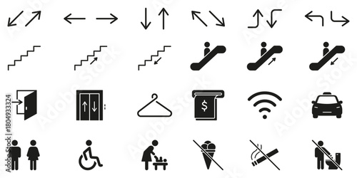 Directional And Facility Solid Icon Set. Navigation, Accessibility and Public Facility Symbols Silhouette. Includes Arrows, Stairs, Escalators, Elevators and Amenities. Isolated Vector Illustration