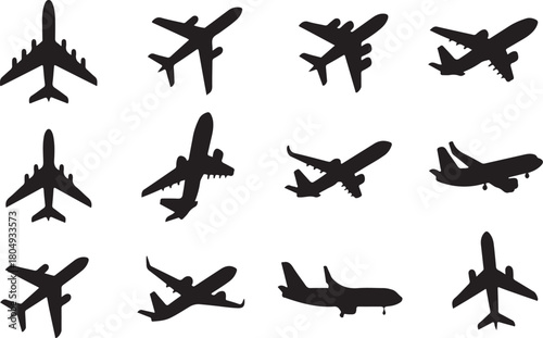 Silhouettes of various airplanes in flight aircraft aviation