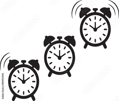 Three black alarm clocks ringing on a white background time wake up