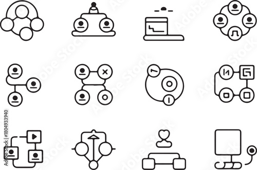 Workflow diagram and chart of work project management line art icon set. Flat black color editable line vector illustration