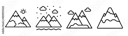 Mountain range vector illustration with sun, snow, clouds, and water landscape outline drawing