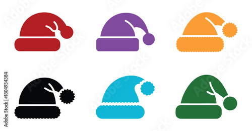  Set of six colorful Santa hat icons with reindeer antler design, festive holiday symbols in red, purple, orange, black, blue, green