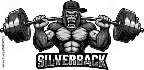 Strong gorilla mascot lifting heavy barbell, silverback text logo, fitness gym concept, black and white vector illustration isolated on white.