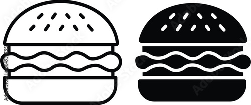 Delicious Classic Hamburger Cheeseburger Fast Food Sesame Seed Bun Vector Silhouette and Pictogram..eps