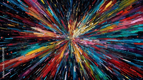 Explosive colorful painting featuring radiant streaks against a dark background