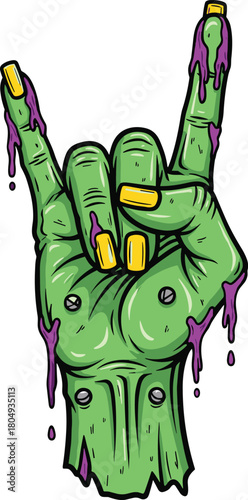 Green zombie hand showing rock and roll sign with purple slime, screws, vector illustration for Halloween isolated on white background.