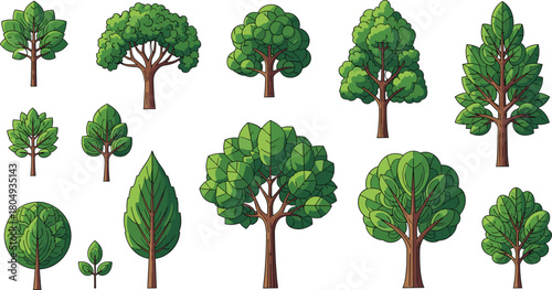 PrintCartoon tree collection, stylized foliage, nature clipart, green canopy, forest elements, vector trees, eco design, isolated background, landscape art