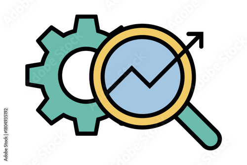 Magnifying glass examining a gear with an upward trending graph, symbolizing data analysis and process improvement.