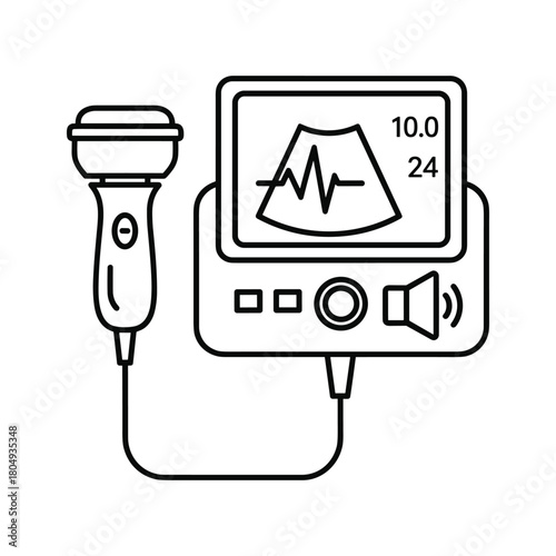 Line art illustration of ultrasound machine and probe isolated on