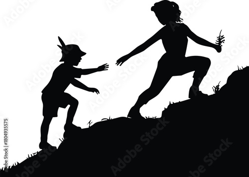 PrintChildren silhouette climbing hill, girl helping boy up, teamwork and friendship concept, black vector illustration isolated on white.