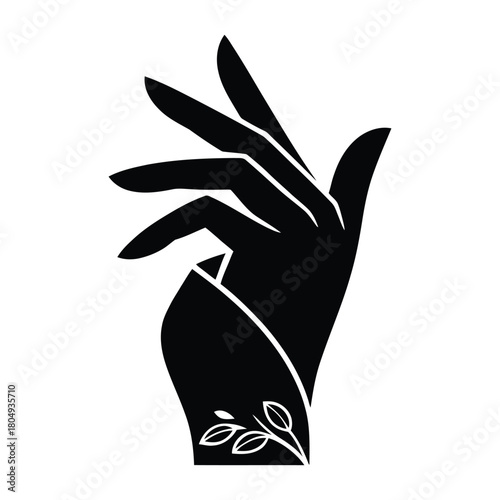  Minimalist black hand silhouette with graceful fingers and floral wrist motif, elegant symbolic design for fashion or art
