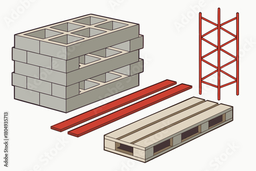 Construction materials: cinder blocks, wooden pallets, steel beams 