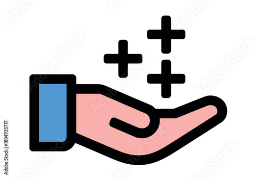 A hand offering help and positivity with plus signs symbolizing good fortune and success.