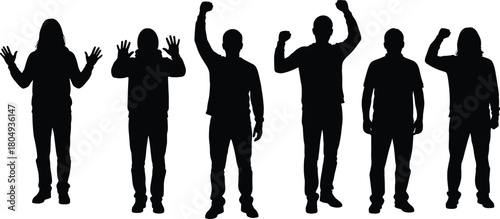 PrintCrowd of men silhouettes with raised hands, protest and celebration poses, black vector people set isolated on white.