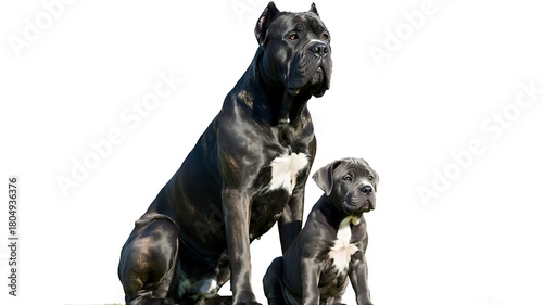 Powerful cane corso adult and cute puppy sitting on white background.