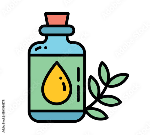 A bottle of essential oil with a sprig of leaves symbolizes natural wellness and aromatherapy.