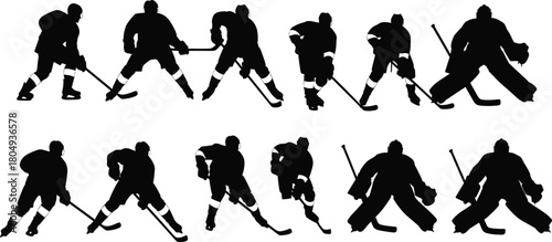 PrintIce hockey player silhouettes set, black vector sport icons, goalkeeper and forward skating with stick, isolated on white background.
