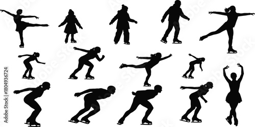 PrintIce skating silhouettes set, figure skater and speed skater black vector icons, winter sport people isolated on white background.