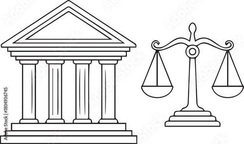 Illustration of Justice System Courthouse and Scales of Justice.