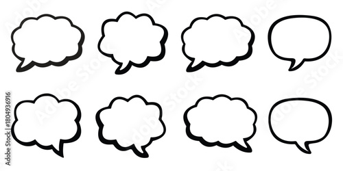 Collection of eight hand-drawn speech and thought bubbles on white background