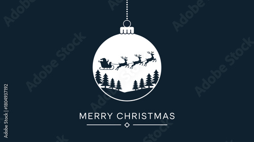  Minimalist Christmas ornament with Santa sleigh and reindeer flying over pine trees on dark blue background, festive holiday silhouette