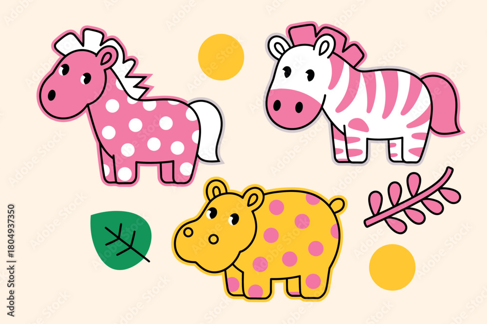 Obraz premium Three whimsical, cartoon-style animals, including a pink polka-dotted horse, a pink and white striped zebra, and a yellow polka-dotted hippopotamus, are depicted with decorative elements.
