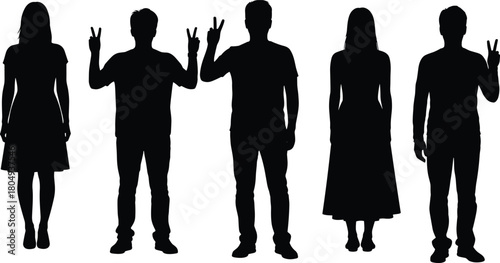 PrintPeople silhouettes set, men and women standing, showing peace sign and victory gesture, black vector illustration isolated on white.