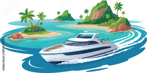 Luxury Yacht Cruising in Tropical Paradise Vector Illustration of Seascape with Islands and Boat