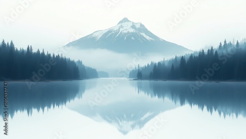 Serene mountain reflection in calm lake surrounded by pine forest
