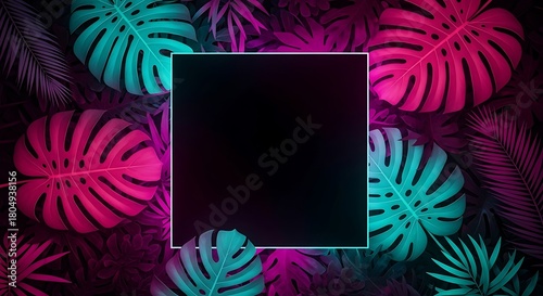Vibrant tropical leaves illuminated by glowing pink and cyan neon lights creating a futuristic frame with a central copy space