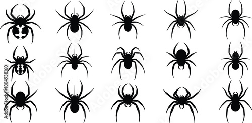 PrintSpider silhouette collection, black vector arachnid icons set, scary tarantula and black widow symbols, isolated on white background.