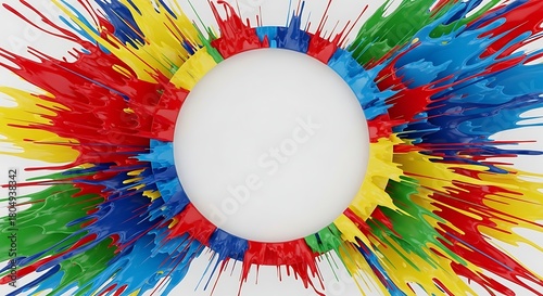 A white sphere at the center of a vibrant explosion of primary color paint splashes on a white background, abstract art