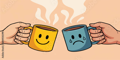 Cartoon Hands Toasting Happy Yellow and Sad Blue Steaming Coffee Mugs Vector Illustration: Emotional Support and Friendship Concept Art for Mental Health, Mood Contrast, Empathy, and Positivity Design