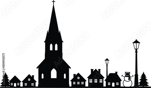 PrintWinter village silhouette scene, Christmas church houses, snowman pine tree, festive holiday design, black vector illustration, seasonal graphic, peaceful landscape