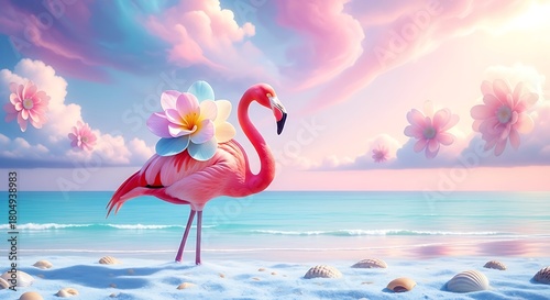 Flamingo Paradise A Dreamy Beach Scene with Floral Adornments and Serene Azure Waters