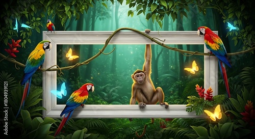Enchanting Jungle Portrait A Monkey's Glimpse into a Vibrant Ecosystem