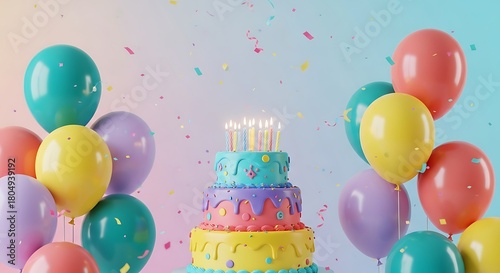Festive Birthday Cake Surrounded by Balloons and Confetti, a Colorful Celebration Scene