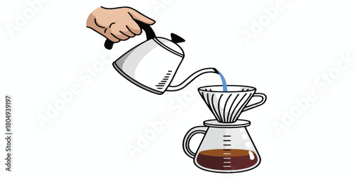Pour Over Coffee Brewing Vector Illustration: Hand Pouring Hot Water from Gooseneck Kettle into Dripper and Glass Carafe - Perfect for Cafe Menus, Barista Guides, and Specialty Coffee Shop Branding
