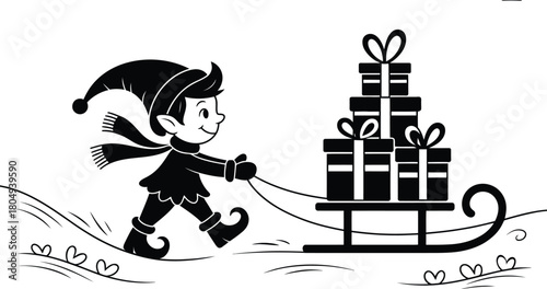 Festive elf pulling sled with gift boxes, black and white holiday illustration for Christmas, winter joy, and seasonal celebration themes