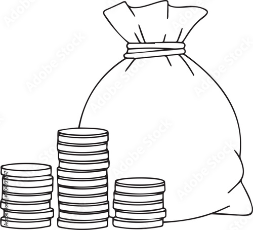 Money Bag and Coin Stacks Financial Wealth and Savings Illustration.