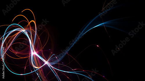 Abstract colorful light trails on a dark background, dynamic glowing lines forming complex swirling patterns, representing energy, technology, and futuristic concepts in digital art