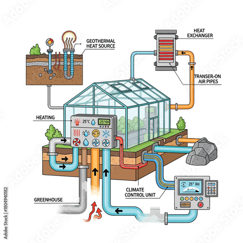 An isometric infographic illustrating a geothermal-powered smart greenhouse system, part of the Sustainable Energy Icon Collection