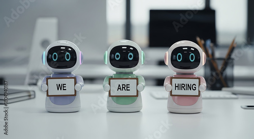 Fototapeta Naklejka Na Ścianę i Meble -  Robots Hiring Concept – Futuristic Recruitment Copy Space Poster, robot hiring, futuristic recruitment, AI hiring, recruitment poster, hiring concept, copy space design, robot workforce, digital hire
