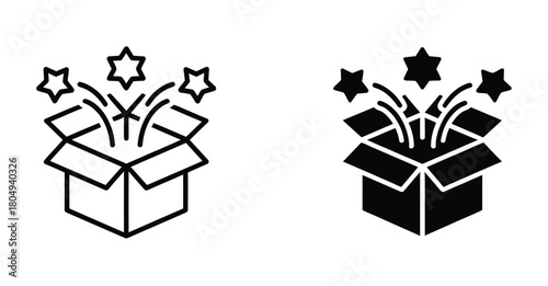  Surprise box icon illustration with stars, black and white minimalist style for celebration, magic, gift, and festive design themes