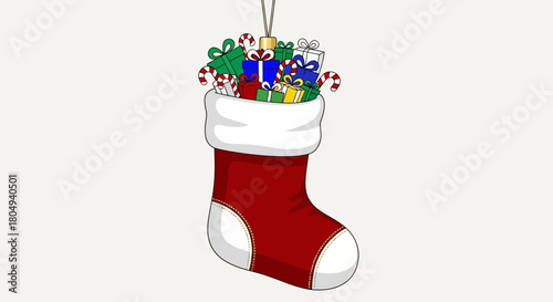 Festive Christmas stocking filled with colorful gifts and candy canes, bringing holiday cheer and joy for seasonal celebrations and family traditions