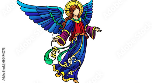 Stunning stained glass style angel with vibrant blue and gold wings, perfect for adding a touch of ethereal beauty to your project or design this season